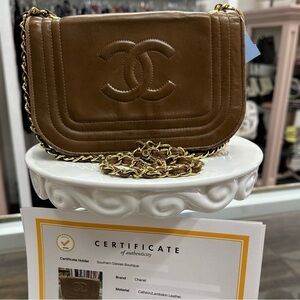 Chanel Brown Satin Vintage CC Flap Bag crossbody leather‎ purse